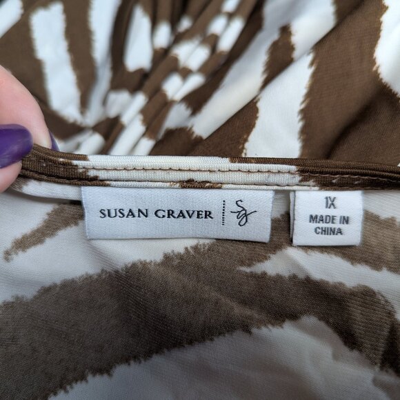 Susan Graver Brown & White Animal Print Long Sleeve Top Turquoise Accent Beads - Picture 9 of 15